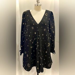 ASOS DESIGN Trapeze Mini Dress Black with Gold Star and Moon Embroidery, Size 10